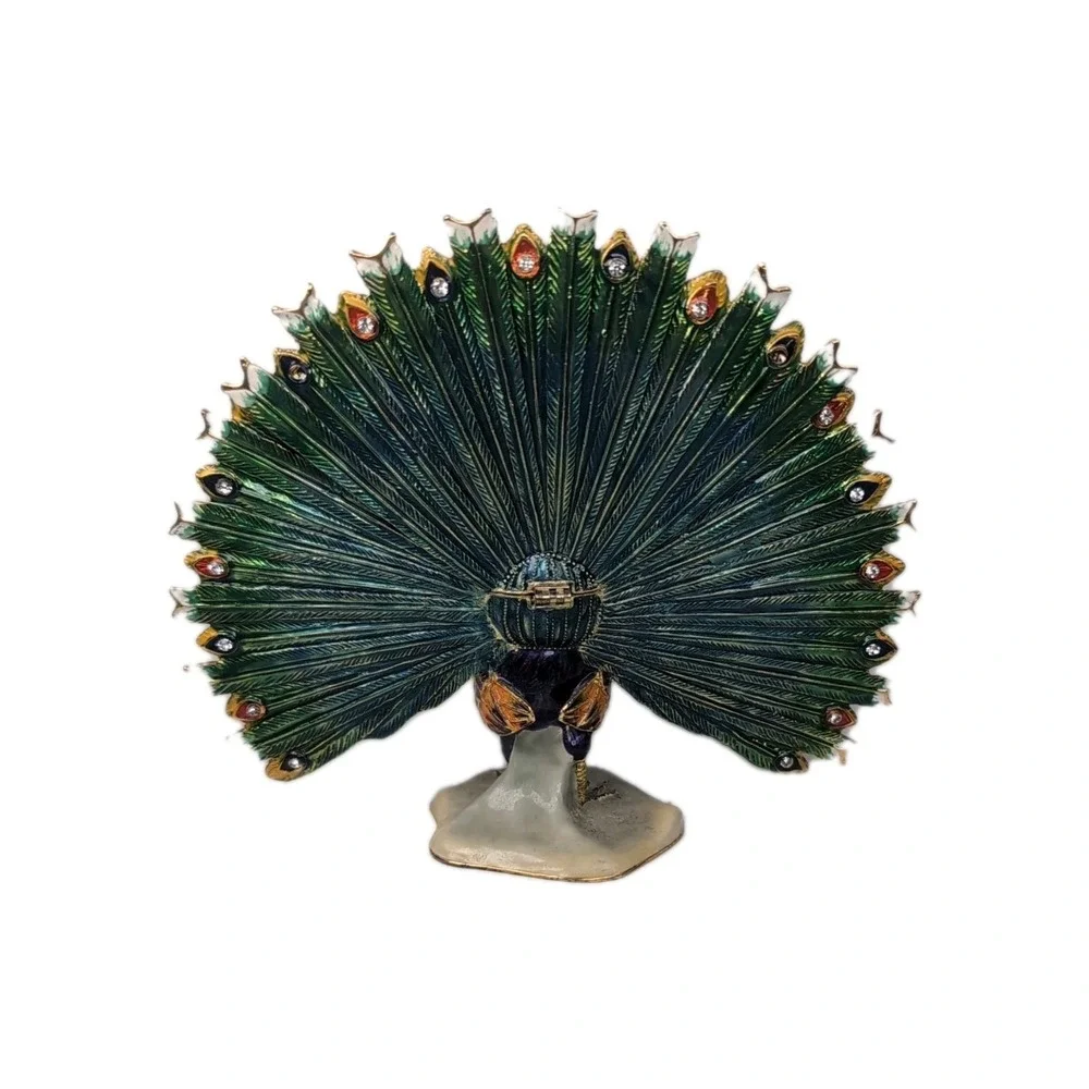 Sorelle Peacock Trinket Box Gold tone Hinged Storage Colorful Bejeweled